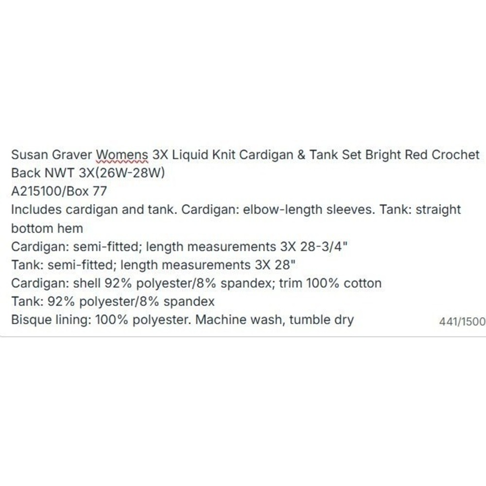Susan Graver Womens 3X Liquid Knit Cardigan Tank Set Crochet Back Platinum Gray - Picture 2 of 2